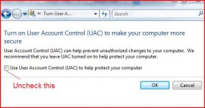 uncheck uac checkbox - How to disable UAC