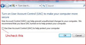 uncheck uac checkbox - How to disable UAC