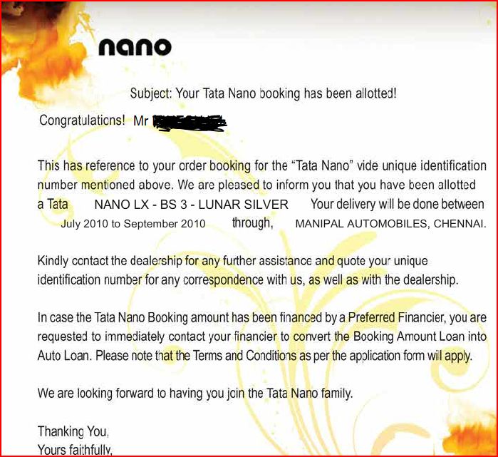 TATA Nano allotment letter